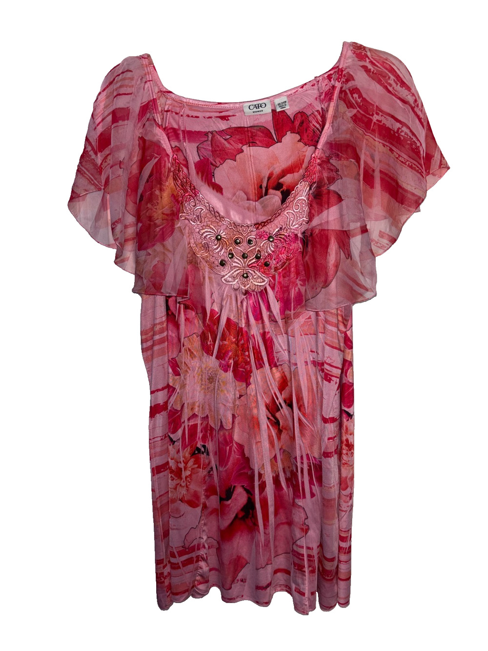 Cato Pink Floral Blouse Womens 22/24W Embroidered Studded Flutter Cape Sleeve